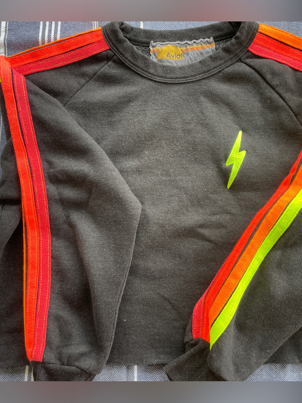 Aviator Nation Womens Cropped Sweatshirt -Neon Lightning & Rainbow Stripes Small